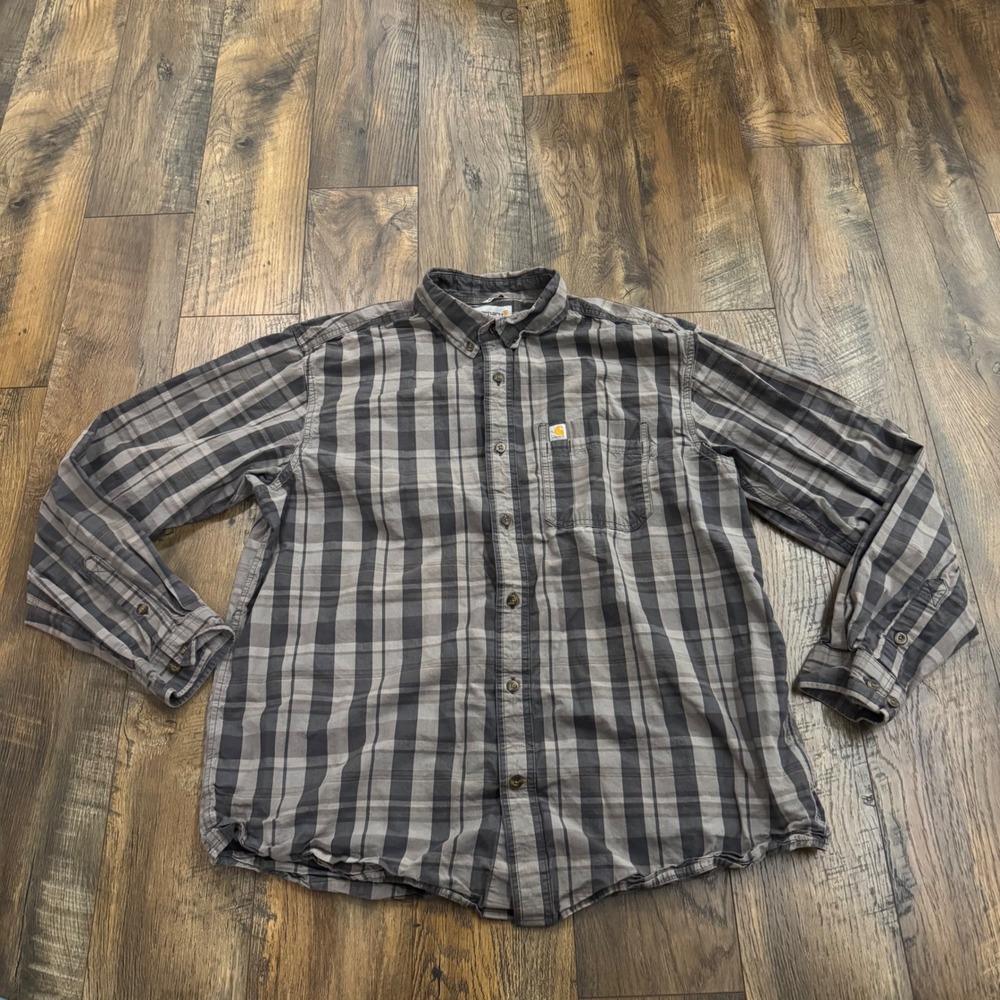 Carhartt Men Relaxed Fit Plaid Long Sleeve Button Down Shirt Gray XL Cotton Work